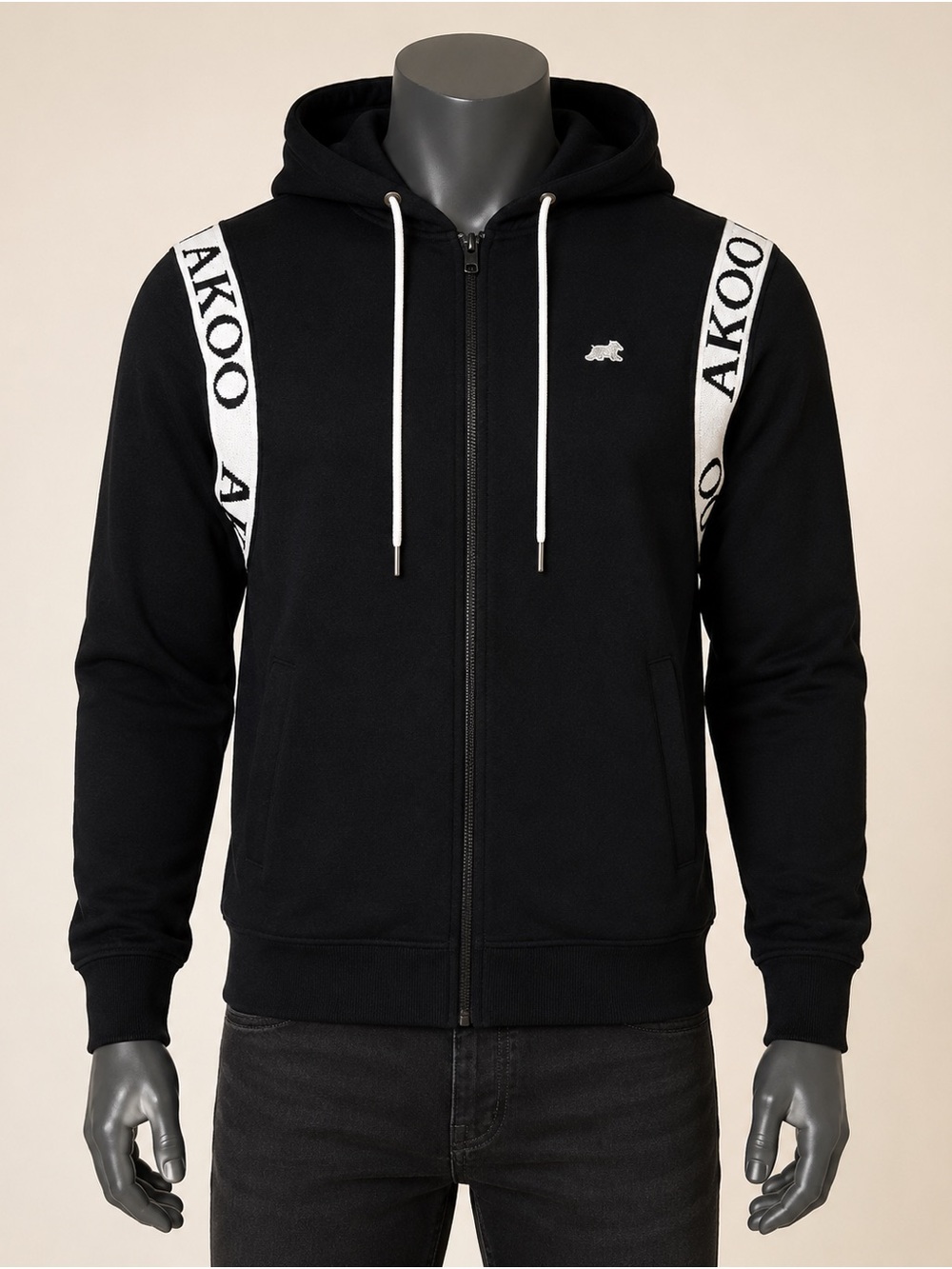 AKOO Men’s Black White Full Zip-Up Hoodie with Contrast Stitching Streetwear L
